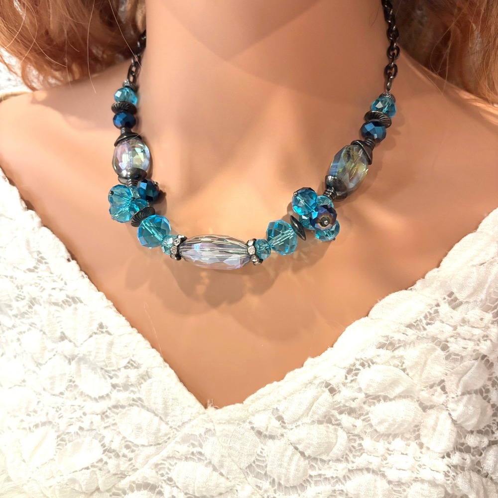 Coastal Beaded Statement Necklace Blue Teal Crystal Glass Mermaidcore‎ Y2K 20671